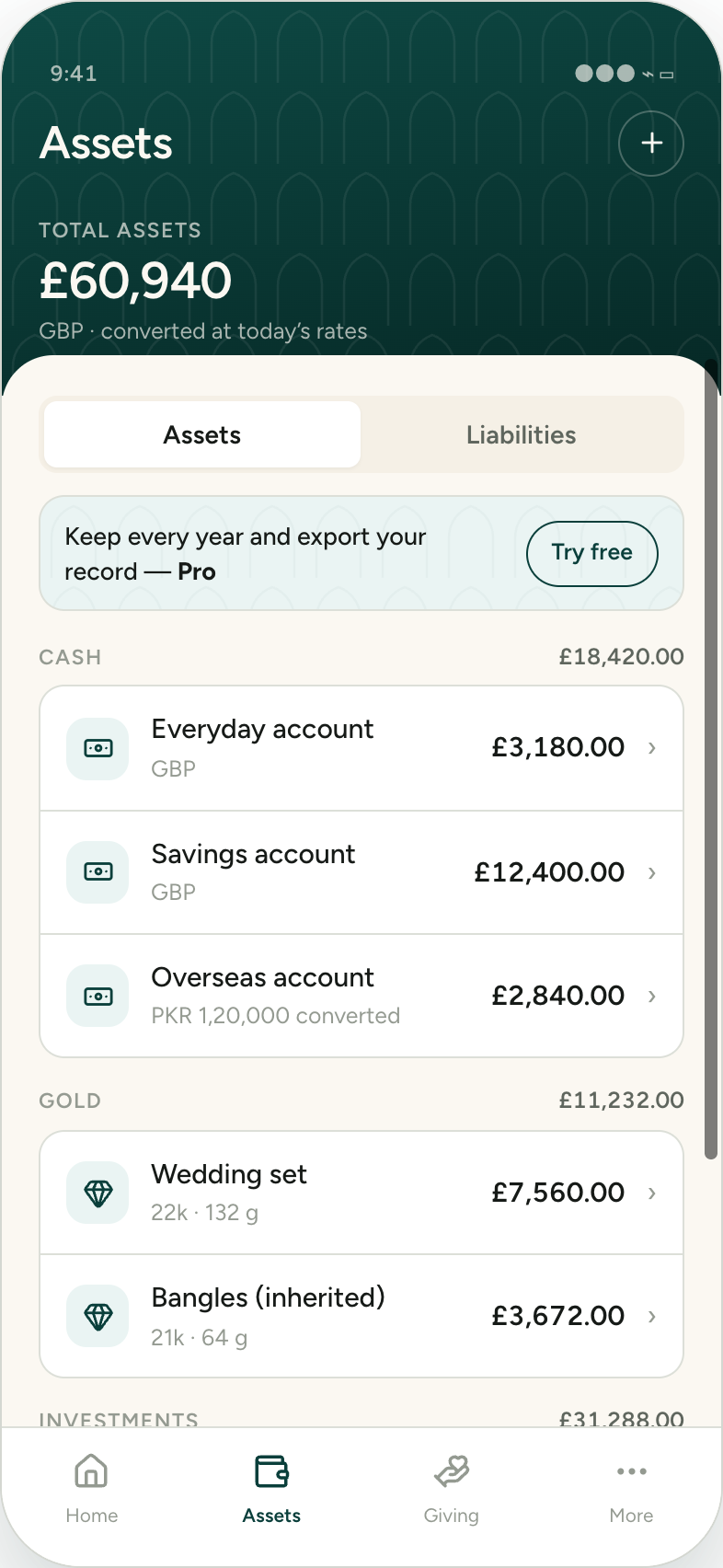 Assets screen showing £60,940 total across cash, gold and investments