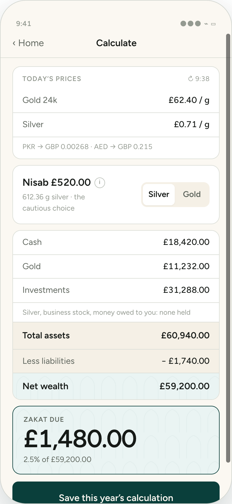 Calculate screen showing today's gold and silver prices, the nisab threshold and £1,480.00 due