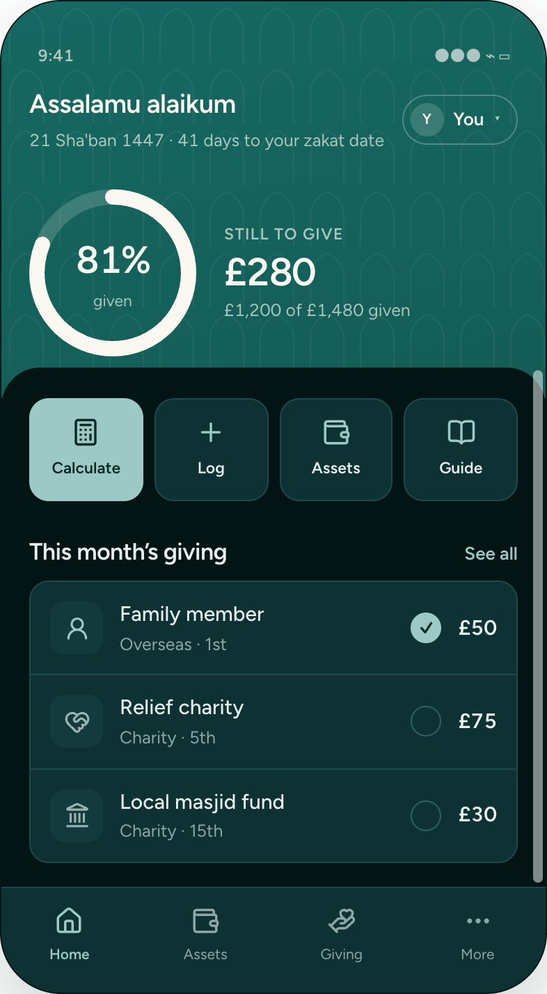 Zakati Home screen in dark mode